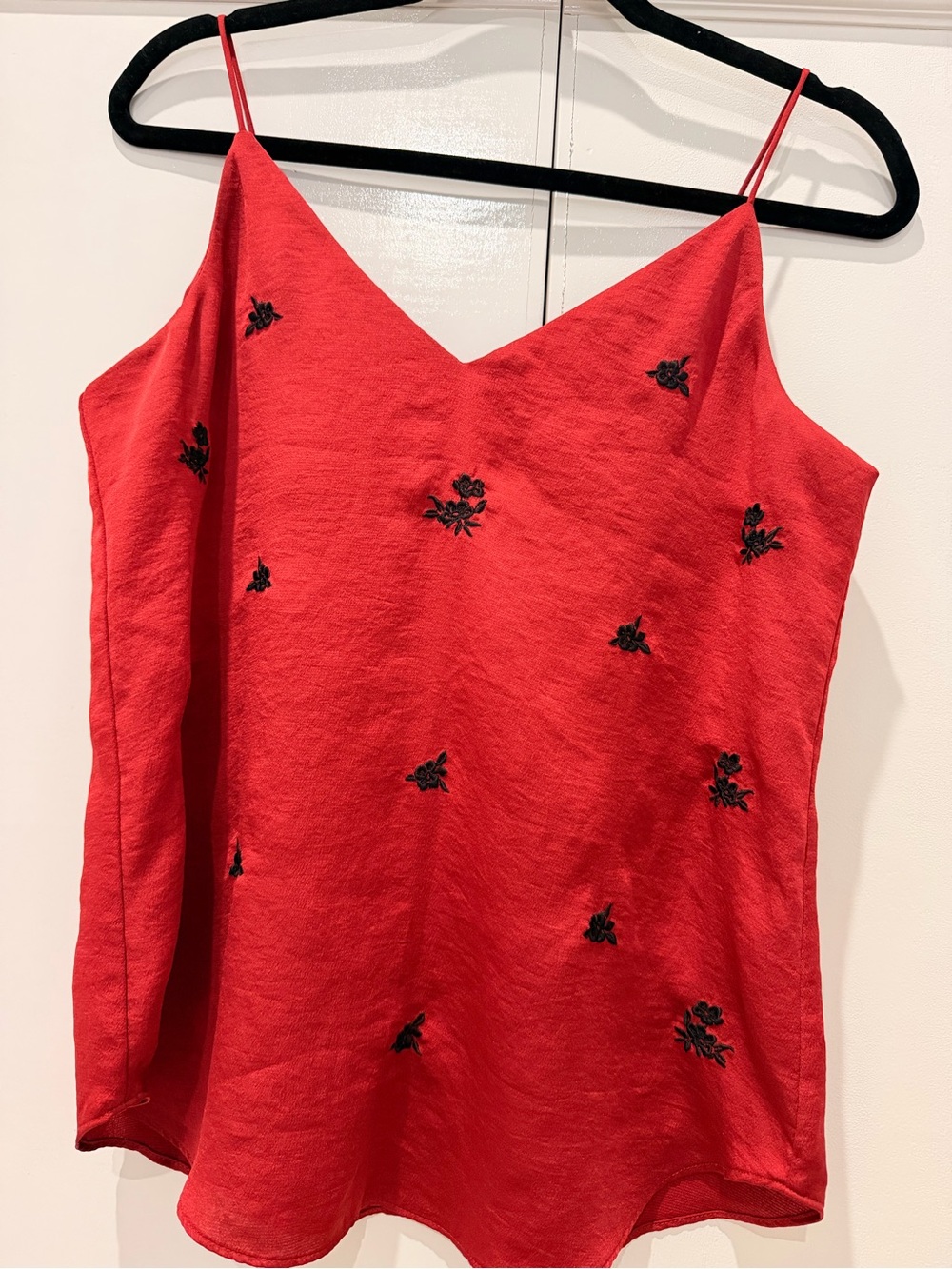 Express Red Spaghetti-Strap Camisole with Black Floral Embroidery